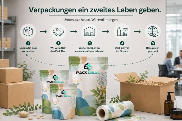 Pack Deal von SMV Packaging: Eine Grafik zeigt, wie ungenutzte Verpackungen vermittelt und bei einem anderen Unternehmen weiterverwendet werden. Im Vordergrund stehen Beutel, Verpackungsfolie und Kartons.